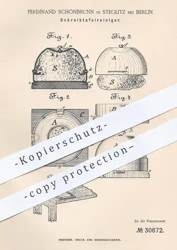 original Patent - Ferdinand Schönbrunn , Berlin / Steglitz , 1884 , Schreibtafelreiniger | Schreibtafel | Tafel , Schule