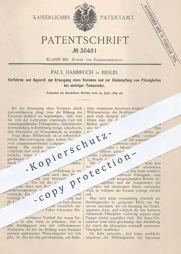 original Patent - Paul Hambruch , Berlin , 1884 , Erzeugung von Vakuum | Luft , Luftpumpe , Zucker , Schwefelsäure !!