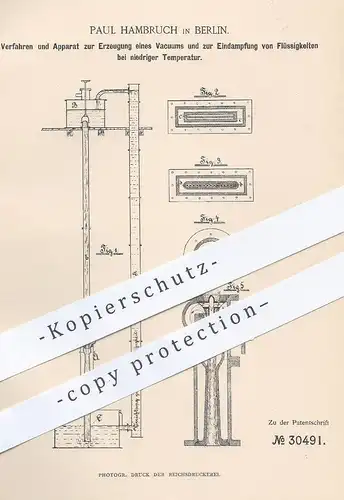 original Patent - Paul Hambruch , Berlin , 1884 , Erzeugung von Vakuum | Luft , Luftpumpe , Zucker , Schwefelsäure !!