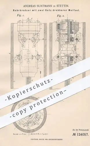 original Patent - Andreas Surtmann , Stettin , 1900 , Rohrkratzer mit zwei Satz drehbarer Meißel | Rohr Kratzer , Rohre