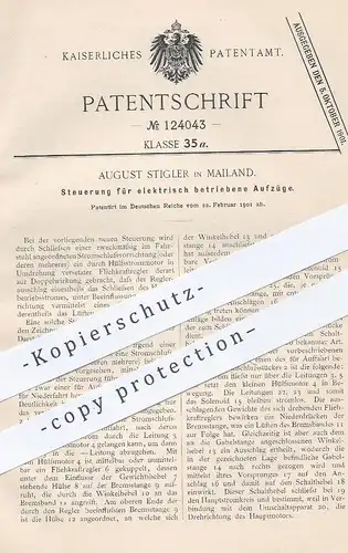 original Patent - August Stigler , Mailand , Italien , 1901 , Steuerung für elektrischen Aufzug | Fahrstuhl , Hebezeug !
