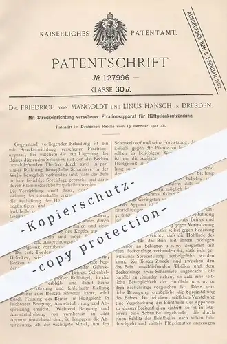 original Patent - Dr. Friedrich von Mangoldt , Linus Hänsch , Dresden , 1901 , Fixationsapparat für Hüftgelenk | Arzt !!