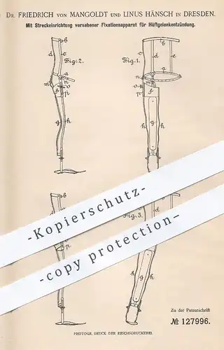 original Patent - Dr. Friedrich von Mangoldt , Linus Hänsch , Dresden , 1901 , Fixationsapparat für Hüftgelenk | Arzt !!