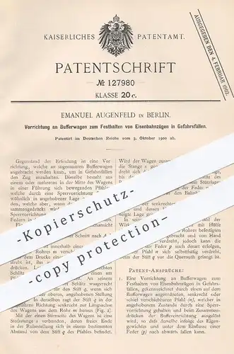 original Patent - Emanuel Augenfeld , Berlin , 1900 , Vorrichtung an Bufferwagen zum Festhalten von Eisenbahnen | Bahn !