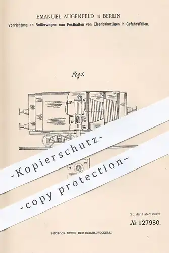 original Patent - Emanuel Augenfeld , Berlin , 1900 , Vorrichtung an Bufferwagen zum Festhalten von Eisenbahnen | Bahn !