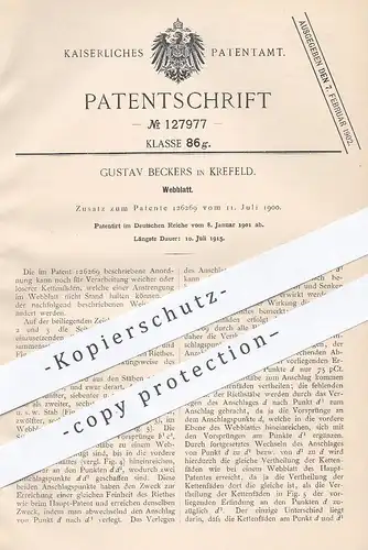 original Patent - Gustav Beckers , Krefeld , 1901 , Webblatt | Weben , Weber , Webstuhl , Weberei , Garn , Stoff !!