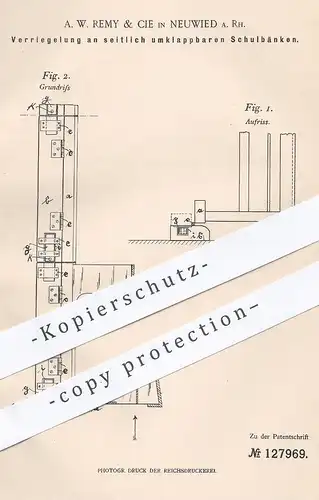 original Patent - A. W. Remy & Cie , Neuwied , 1900 , Verriegelung an klappbarer Schulbank | Bank , Tisch , Tischler !!