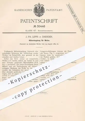 original Patent - J. Ph. Lipps , Dresden , 1884 , Hülsenkupplung für Wellen | Kupplung , Maschinen , Wellen !!!