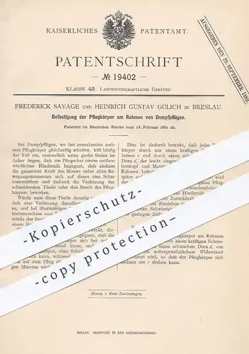 original Patent - Frederick Savage , Heinrich Gustav Gülich , Breslau , 1882 , Pflug am Rahmen von Dampfpflügen | Pflüge