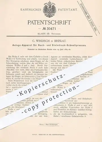 original Patent - G. Windisch , Breslau , 1884 , Schnellpresse für Buchdruck , Steindruck | Druckpresse , Druck - Presse