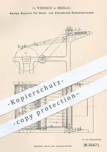 original Patent - G. Windisch , Breslau , 1884 , Schnellpresse für Buchdruck , Steindruck | Druckpresse , Druck - Presse