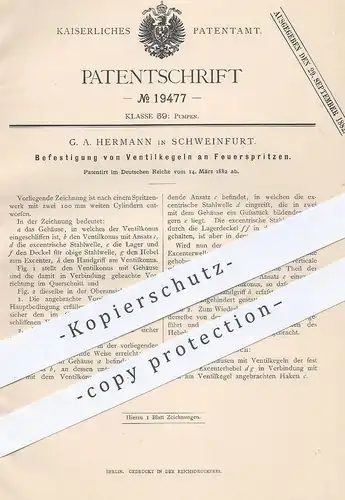 original Patent - G. A. Hermann , Schweinfurt , 1882 , Ventilkegel an Feuerspritzen | Feuerwehr - Spritze | Pumpe !!