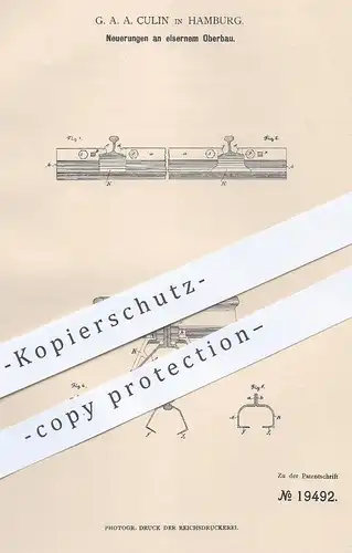 original Patent - G. A. A. Culin , Hamburg , 1882 , eiserner Oberbau | Eisenbahn , Straßenbahn | Eisen - Schwellen !!