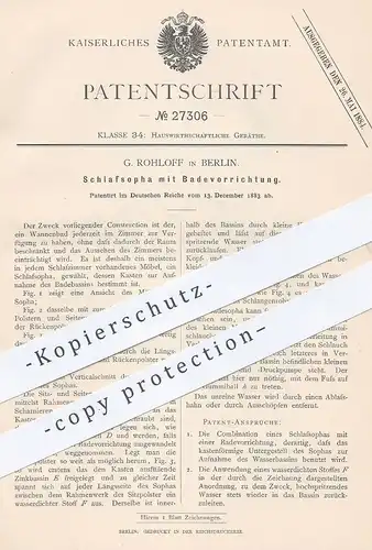 original Patent - G. Rohloff , Berlin , 1883 , Schlafsofa mit Badewanne | Sofa , Couch , Bett | Dusche , Baden | Möbel
