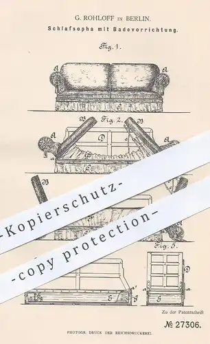 original Patent - G. Rohloff , Berlin , 1883 , Schlafsofa mit Badewanne | Sofa , Couch , Bett | Dusche , Baden | Möbel