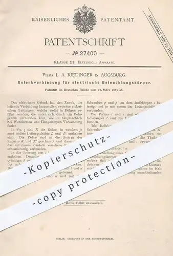 original Patent - L. A. Riedinger , Augsburg , 1883 , Gelenkverbindung für elektr. Beleuchtungskörper | Lampe , Licht !!