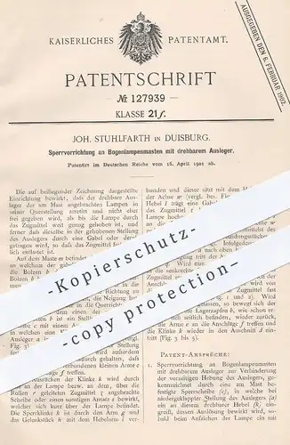 original Patent - Joh. Stuhlfarth , Duisburg , 1901 , Sperrung an Bogenlampenmasten | Bogenlampe , Lampe , Lampenmast !!
