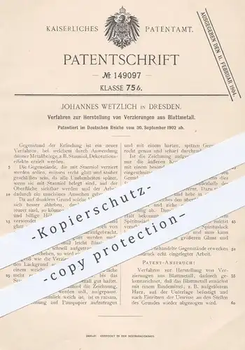 original Patent - Johannes Wetzlich , Dresden , 1902 , Herstellung von Verzierungen aus Blattmetall | Blattgold !!