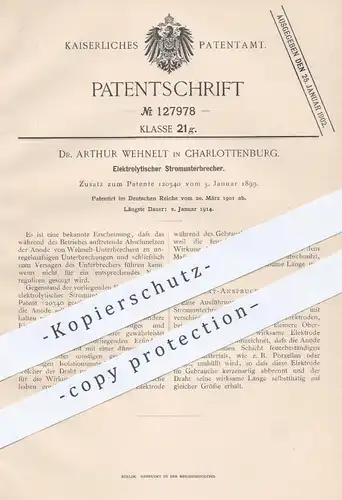 original Patent - Dr. Arthur Wehnelt , Berlin / Charlottenburg , 1901 , Elektrolytischer Stromunterbrecher | Strom !!