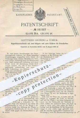 original Patent - Gottfried Gröning , Lübeck , 1905 , Repetitionsmechanik für Piano , Klavier , Flügel | Musikinstrument