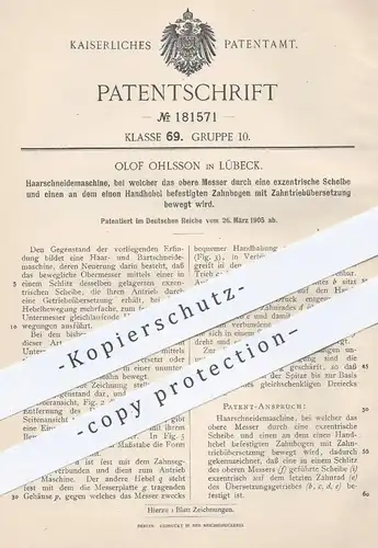 original Patent - Olof Ohlsson , Lübeck , 1905 , Haarschneidemaschine | Schneidemaschine für Haare , Bart | Friseur !!!