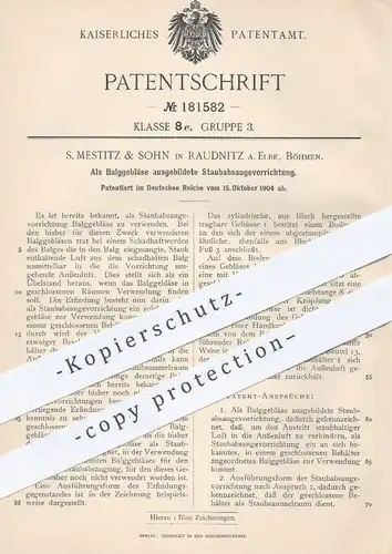 original Patent - S. Mestitz & Sohn , Raudnitz / Elbe , Böhmen , 1904 , Staubabsaugevorrichtung - Balggebläse | Gebläse