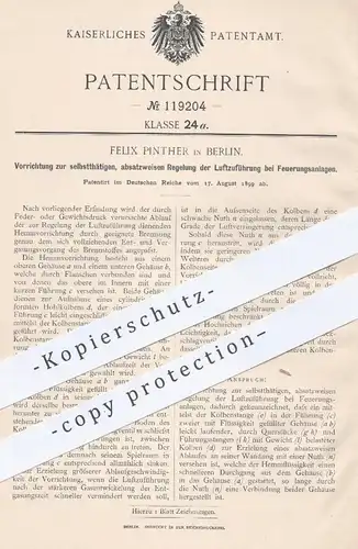 original Patent - Felix Pinther , Berlin , 1899 , Regelung der Luftzuführung an Feuerungen | Heizung , Ofen , Ofenbauer