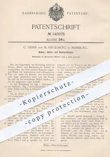 original Patent - C. Dehn und M. Siegelburg , Hamburg , 1902 , Ständer für Noten , Akten , Bücher | Notenständer , Pult