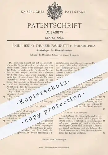 original Patent - Philip Henry Thurber Paulinetti , Philadelphia 1902 , Schutz für Sicherheitsnadeln | Nadel , Schneider