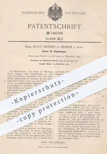 original Patent - Hugo Bremer , Neheim / Ruhr , 1901 , Zünder für Bogenlampe | Lampe , Licht , Zündung , Brenner , Strom