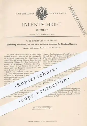 original Patent - C. H. Bartsch , Breslau , 1884 , selbsttätige Kupplung für Eisenbahnen | Eisenbahn , Straßenbahn !!!