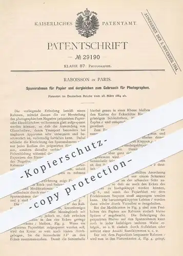 original Patent - Raboisson , Paris Frankreich , 1884 , Spannrahmen für Papier für Fotograf | Foto , Kamera , Fotografie