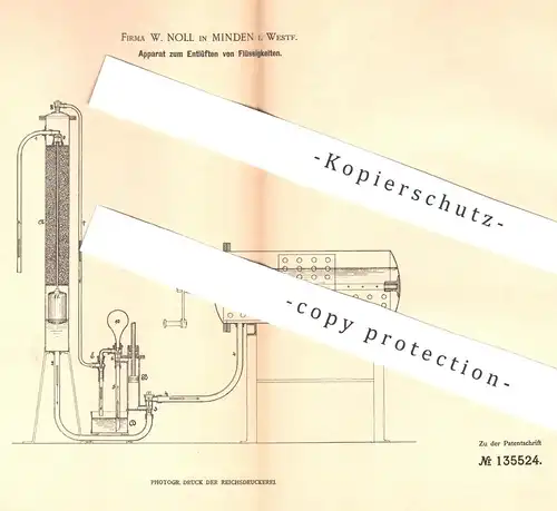 original Patent - W. Noll , Minden , 1901 , Entlüften von Flüssigkeiten | Getränke mit Kohlensäure | Zapfanlage !!!