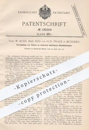 original Patent - W. Burri , Max Fels , Rud. Zwack , München , 1901 , Tür - Verriegelung an elektrischen Eisenbahnen