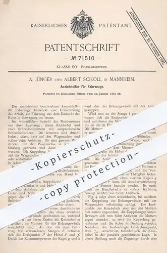 original Patent - A. Jünger , Albert Scholl , Mannheim , 1893 , Anziehhelfer für Fahrzeuge | Antrieb , Eisenbahn !!!