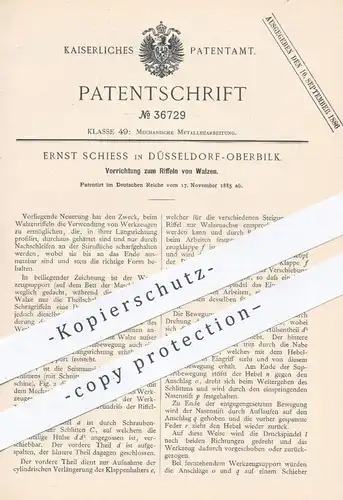 original Patent - Ernst Schiess , Düsseldorf / Oberbilk , 1885 , Riffeln von Walzen | Walze , Walzwerk , Metall !!!