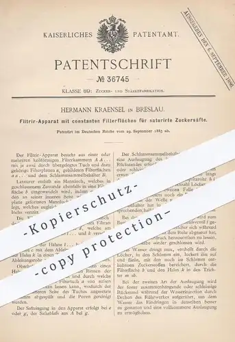 original Patent - Hermann Kraensel , Breslau , 1885 , Filtrier-Apparat für saturierten Zuckersaft | Zucker , Filter !!!