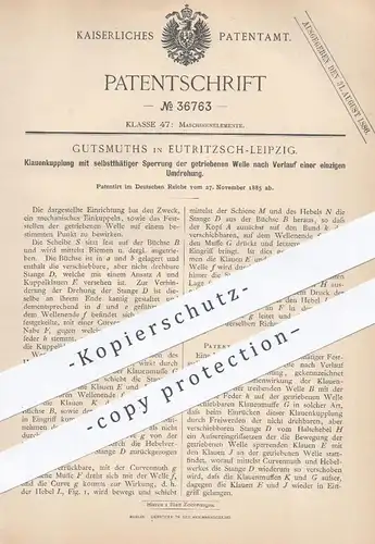 original Patent - Gutsmuths , Leipzig / Eutritzsch , 1885 , Klauenkupplung mit selbsttätiger Sperrung | Kupplung , Motor