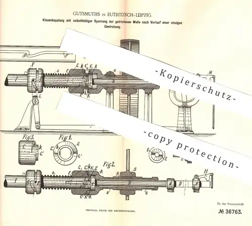 original Patent - Gutsmuths , Leipzig / Eutritzsch , 1885 , Klauenkupplung mit selbsttätiger Sperrung | Kupplung , Motor