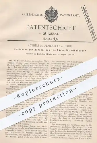 original Patent - Achille M. Plaissetty , Paris Frankreich 1901 , Fäden für Glühlampen | Glühlichtlampe , Lampe , Licht