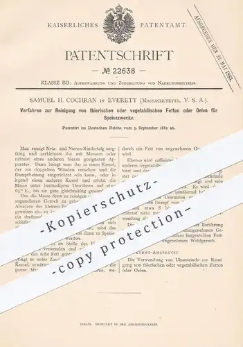 original Patent - Samuel H. Cochran , Everett , Massachusetts , USA , 1882 , Reinigung von Fett , Öl für Speisezwecke !!