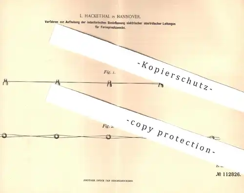 original Patent - L. Hackethal , Hannover , 1898 , elektrische oberirdische Leitungen für Fernsprecher | Telefon , Strom