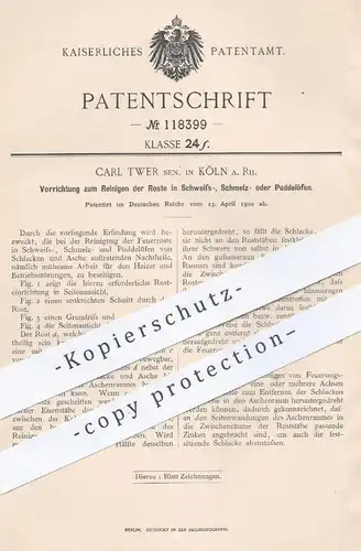 original Patent - Carl Twer Senior , Köln / Rhein , 1900 , Reinigen der Ofen - Roste in Schweißofen , Schmelzofen | Öfen