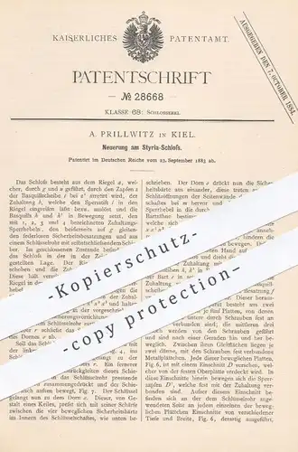 original Patent - A. Prillwitz , Kiel , 1883 , Styria - Schloss | Türschloss , Riegel , Tür , Türen , Schlosser !!!