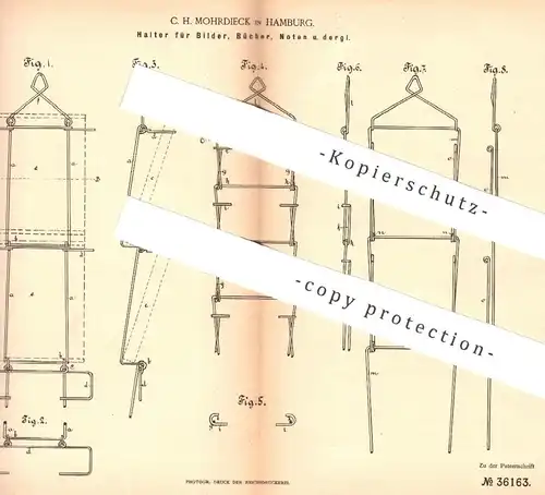 original Patent - C. H. Mohrdieck , Hamburg , 1886 , Halter für Bilder, Bücher, Noten | Bilderrahmen , Fotohalter !!!