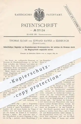 original Patent - Thomas Sloan , Edward Hawks , Edinburgh  Schottland , 1885 , Regulator an Eisenbahn - Bremsen | Bremse