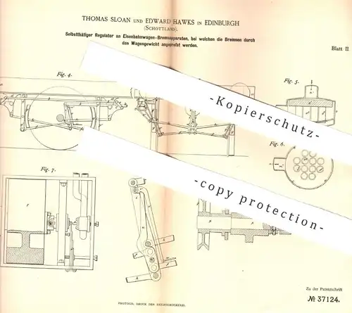 original Patent - Thomas Sloan , Edward Hawks , Edinburgh  Schottland , 1885 , Regulator an Eisenbahn - Bremsen | Bremse