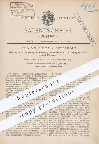 original Patent - Otto Fahnehjelm , Stockholm , 1885 , Glühlampe zur Erzeugung von Licht mittels Wassergas | Lampe !!