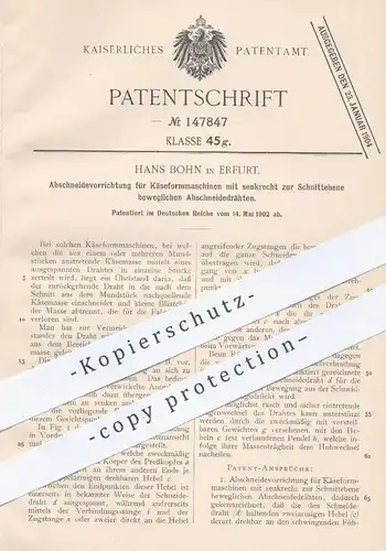 original Patent - Hans Bohn , Erfurt  1902 , Abschneidevorrichtung für Käseformmaschinen | Käse schneiden | Lebensmittel