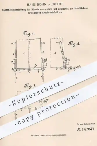 original Patent - Hans Bohn , Erfurt  1902 , Abschneidevorrichtung für Käseformmaschinen | Käse schneiden | Lebensmittel